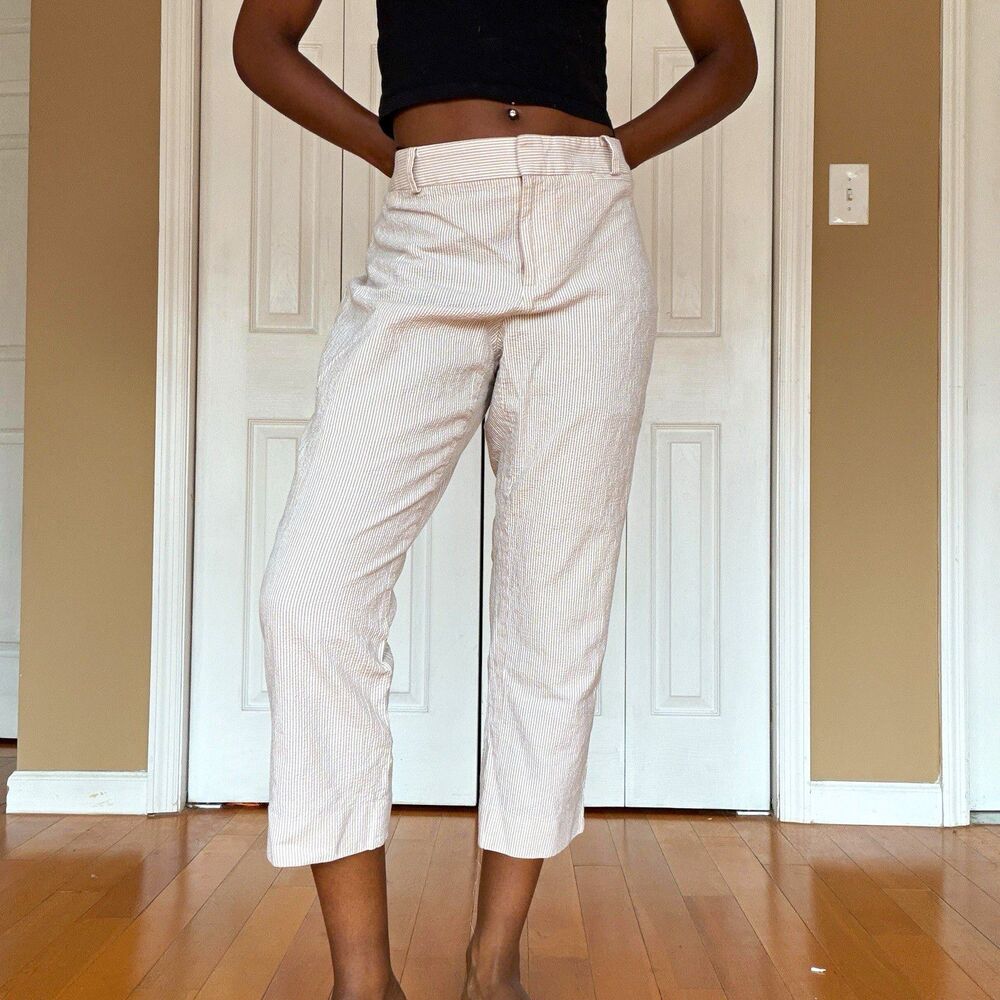 Talbots Curvy Seersucker Stripe Capri Pants Beige White Straight-Leg Pockets